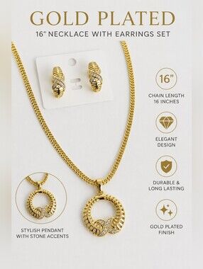 Gold Plated Necklace Earrings Set 16” CZ Circle Pendant Jewelry